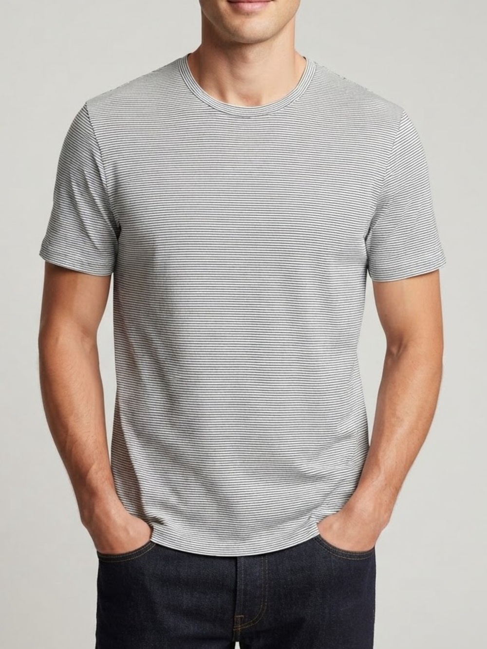 Theory Men's Thin Black & White Stripe Crewneck Tee